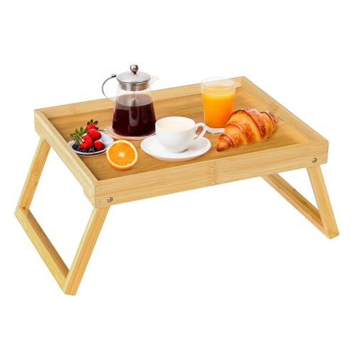 Betttablett Tisch mit klappbaren Beinen, Bambus Frühstück im Bett Essen, Servieren oder Verwendung als Serviertablett, Laptop-Schreibtisch, Snack-Tablett (Beige) von RRX