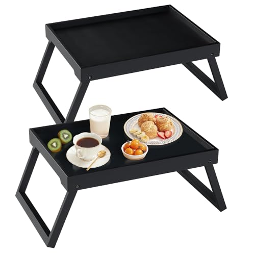 Betttablett mit klappbarem Bein, Bambus-Tablett zum Essen, Frühstücksbett-Tablett für Küche, Servieren, Essens-Tablett, Sofa, Snacks, Laptop-Schreibtisch, Abendessen im Bett 2 Packung (Schwarz) von RRX