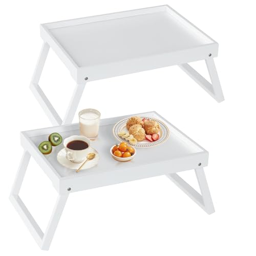Betttablett mit klappbarem Bein, Bambus-Tablett zum Essen, Frühstücksbett-Tablett für Küche, Servieren, Essens-Tablett, Sofa, Snacks, Laptop-Schreibtisch, Abendessen im Bett 2 Packung (Weiß) von RRX