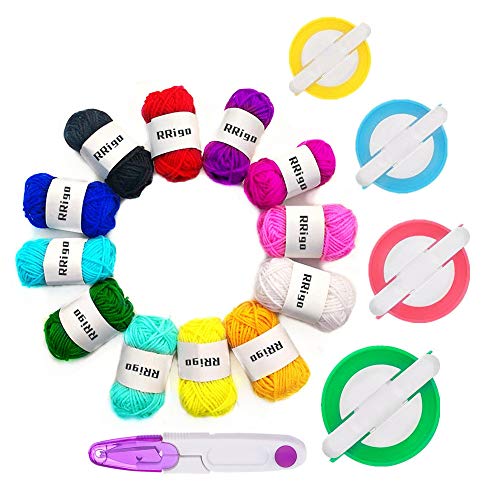 RRigo Pom Pom Maker, 4 Größen Fluff Ball Weaver Nadel Pompom Maker Sets-DIY Pompoms Handwerk Puppe Making Kits, Pom-Pom Maker Knitting Loom+ 1pcs Schere + 12Pcs Acrylgarn (17) von RRigo