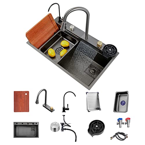 RRrawgff Küchenspüle Flying Rain Wasserfall, Einzelspüle mit ausziehbarem Wasserhahn, Drucktassenspüler, Schneidebrett und weiterem Zubehör, Arbeitsstation, Küchenspüle, Geschirrspülbecken (Gun Grey, von RRrawgff
