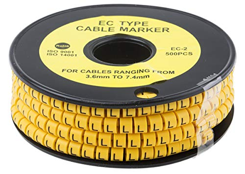 RS PRO Kabel-Markierer, aufsteckbar, Beschriftung: L, Schwarz auf Gelb, Ø 3.6mm - 7.4mm, 5mm, 500 Stück, Packung a 500 Stück von RS PRO