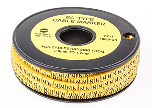 RS PRO Kabel-Markierer, aufsteckbar, Beschriftung: N, Schwarz auf Gelb, Ø 3mm - 4.2mm, 4mm, 1000 Stück, Packung a 1000 Stück von RS PRO