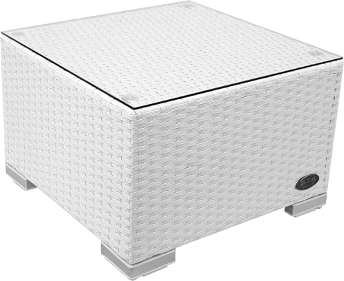 RS Trade® Exclusive 'Toscana' Polyrattan Beistelltisch mit verstärktem Alu-Gerüst und Temperglas Tischplatte (bis 90 kg als Hocker nutzbar), mit Spannbändern und höhenverstellbaren Standfüßen; Weiss von RS Trade