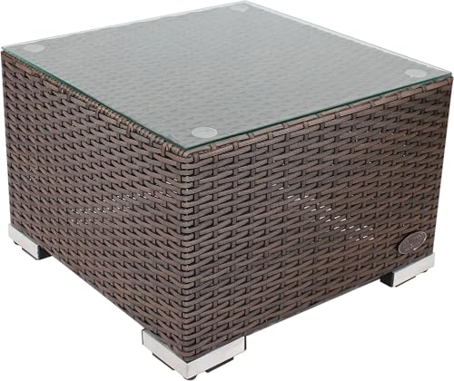 RS Trade® Exclusive 'Toscana' Polyrattan Beistelltisch mit verstärktem Alu-Gerüst und Temperglas Tischplatte (bis 90 kg als Hocker nutzbar), mit Spannbändern und höhenverstellbaren Standfüßen; Braun von RS Trade