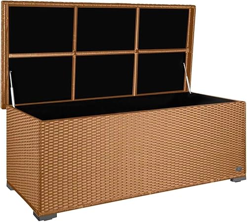 RS Trade® exclusive 'Sienna' 650l Polyrattan Garten Kissenbox wetterfest wasserdicht 155 x 73 x 60 cm, Auflagenbox mit verstärktem Deckel und Gasdruckfedern, als Sitztruhe oder Tischplatte; Natur von RS Trade