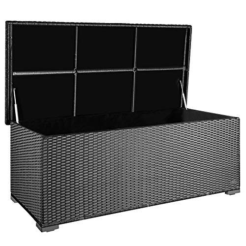RS Trade® exclusive 'Sienna' 650l Polyrattan Garten Kissenbox wetterfest wasserdicht 155 x 73 x 60 cm, Auflagenbox mit verstärktem Deckel und Gasdruckfedern, als Sitztruhe oder Tischplatte; Silber von RS Trade