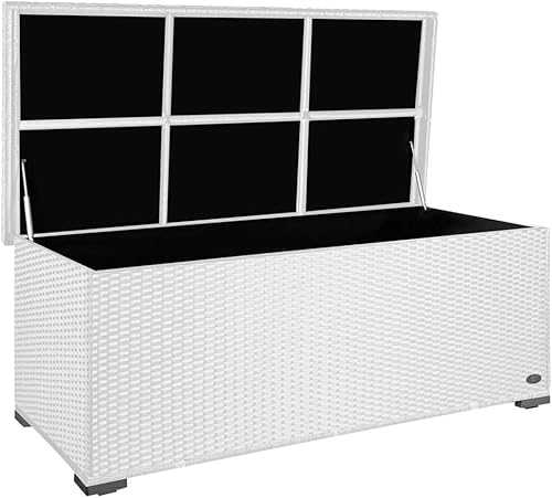RS Trade® exclusive 'Sienna' 650l Polyrattan Garten Kissenbox wetterfest wasserdicht 155 x 73 x 60 cm, Auflagenbox mit verstärktem Deckel und Gasdruckfedern, als Sitztruhe oder Tischplatte; Weiss von RS Trade