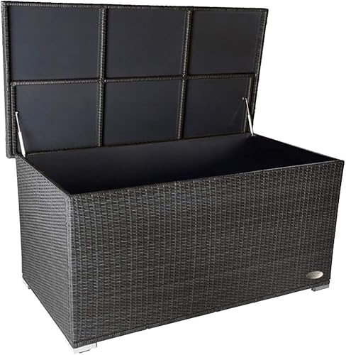 RS Trade® exclusive 'Venezia' 950 L Polyrattan Garten Kissenbox wetterfest wasserdicht 146 x 83 x 80 cm, Auflagenbox mit verstärktem Deckel und Gasdruckfedern, auch als Tischplatte geeignet; Silber von RS Trade