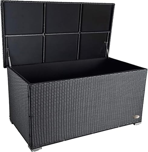 RS Trade® exclusive 'Venezia' 950 L Polyrattan Garten Kissenbox wetterfest wasserdicht 146 x 83 x 80 cm, Auflagenbox mit verstärktem Deckel und Gasdruckfedern, auch als Tischplatte geeignet, Schwarz von RS Trade