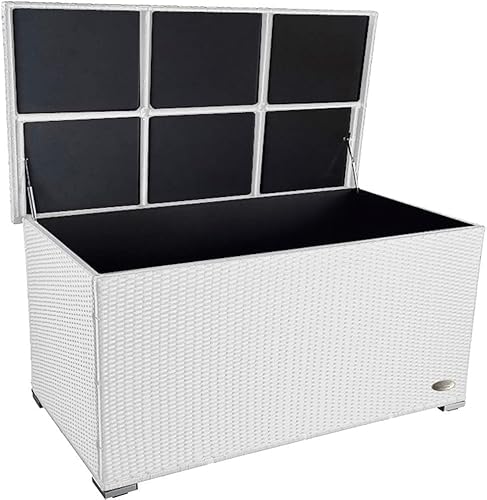 RS Trade® exclusive 'Venezia' 950 L Polyrattan Garten Kissenbox wetterfest und wasserdicht 146 x 83 x 80 cm, Auflagenbox mit verstärktem Deckel und Gasdruckfedern, auch als Tischplatte geeignet; Weiss von RS Trade