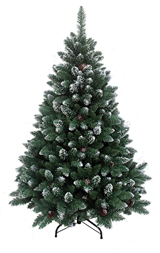 RS Trade 15013 150 cm Weihnachtsbaum künstlich mit Schnee und Zapfen (Ø ca. 96 cm) ca. 760 Spitzen, schwer entflammbarer Tannenbaum mit Schnellaufbau Klappsystem, inkl. Christbaum Ständer von RS Trade