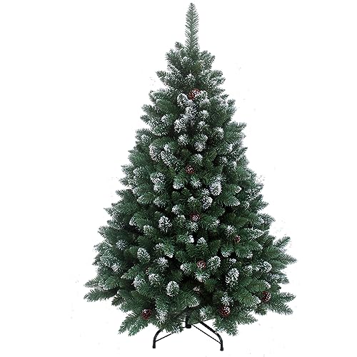 RS Trade 15013 Schneebaum 180 cm Weihnachtsbaum künstlich mit Schnee und Zapfen (Ø ca. 114 cm) ca. 1095 Spitzen, schwer entflammbarer Tannenbaum mit Schnellaufbau Klappsystem, inkl. Christbaum Ständer von RS Trade