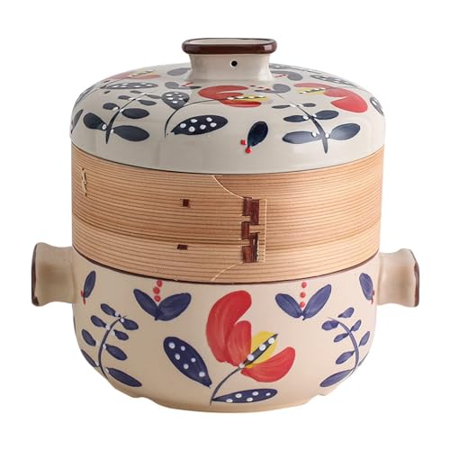 RSBFER Japanischer Auflauftopf mit Bambus-Dampfkorb, Keramik-Auflauf-Tontopf, Dampfeintopf zum Kochen in der Küche,C,4L von RSBFER