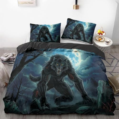 RSBQBATA Bedruckter Bettbezug mit Werwolf-Horror, Gothic-Bettwäsche, für Jugendliche und Erwachsene, weich und bequem (Stil 5, Sing 135 x 200 cm + 65 x 65 cm) von RSBQBATA