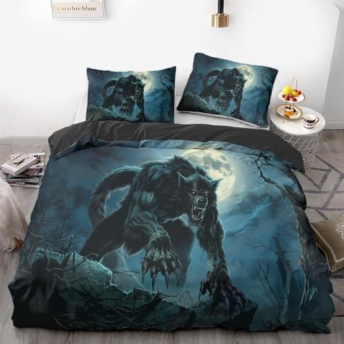 RSBQBATA Bedruckter Bettbezug mit Werwolf-Horror, Gothic-Bettwäsche, für Jugendliche und Erwachsene, weich und bequem (Stil 8, Doppelbett 200 x 200 cm + 50 x 75 cm) von RSBQBATA