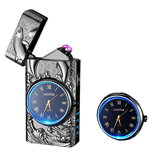 RSBYE Elektrisches Feuerzeug, Dual-Arc Plasma-Feuerzeug, cooles Feuerzeug mit Uhr und Taschenlampe, einzigartiges Geschenk für Männer und Frauen (schwarz) von RSBYE