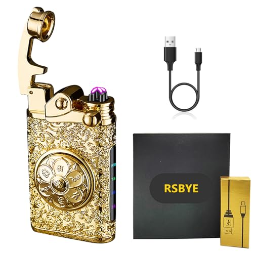 RSBYE Schön Feuerzeug Elektrisch, Lichtbogen Feuerzeug Interessant, Elektrisches Feuerzeug mit Batterieanzeige, USB Feuerzeug mit Geschenkbox, Personalisiertes Feuerzeug für Männer und Damen (Gold) von RSBYE