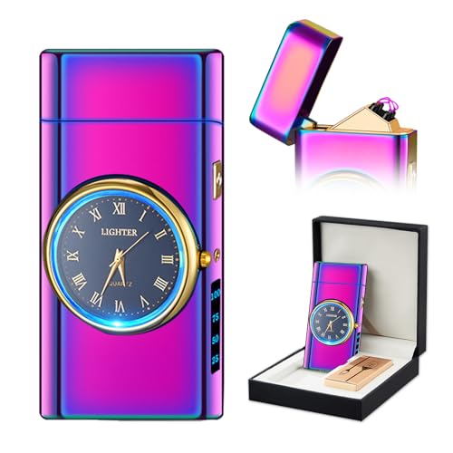 RSBYE Feuerzeug Elektrisch USB Wiederaufladbar Plasma Dual Lichtbogen Feuerzeuge Elektro Uhr Feuerzeuge mit LED Batterieanzeige Winddicht für Kerzen Küche Geschenk (Farbig, 220mAh) von RSBYE