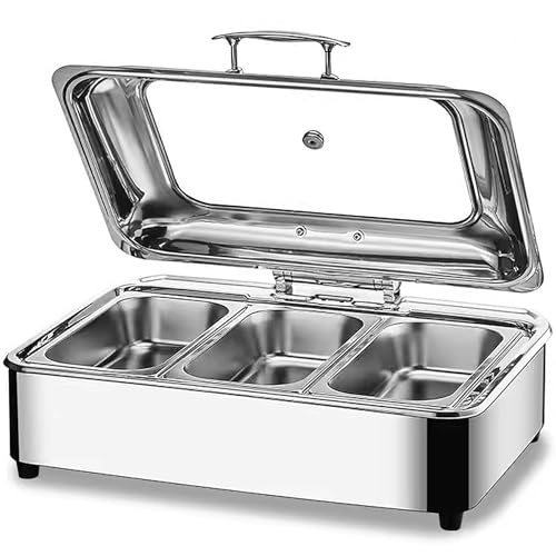 Chafing Dish Elektrisch, 9L Edelstahl Speisewärmer Buffetwärmer mit Sichtbarem Glasdeckel, Kommerziell Wärmebehälter für Essen - Einstellbarer Temperatur, Beste Wahl für Buffets und Partys(Size: von RSHJD