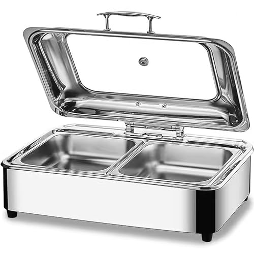 Chafing Dish Elektrisch, 9L Edelstahl Speisewärmer Buffetwärmer mit Sichtbarem Glasdeckel, Kommerziell Wärmebehälter für Essen - Einstellbarer Temperatur, Beste Wahl für Buffets und Partys(Size: von RSHJD