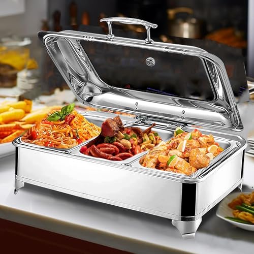 Chafing Dish Elektrisch, 9L Edelstahl Warmhaltebehälter für Essen, Kommerziell Speisewärmer mit Sichtbarem Glasdeckel, Buffetwärmer - Einstellbare Temperatur (0-85℃)(Size:GN1/3) von RSHJD
