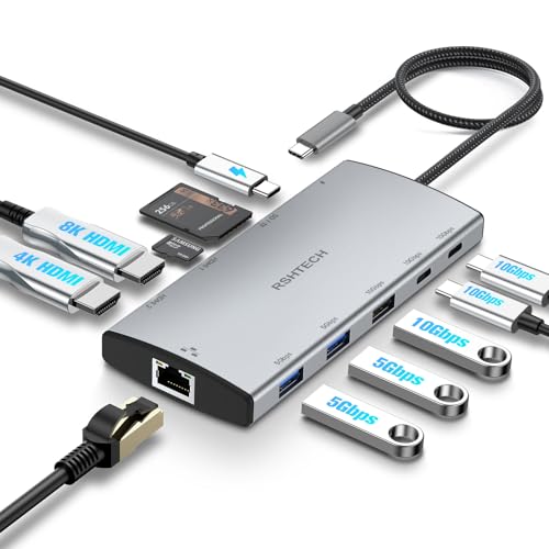 RSHTECH 11 in 1 MacBook Laptop Dockingstation mit 2 HDMI (8K und 4K), USB 3.2 und 3.0, 100W PD, SD/TF, Gigabit Ethernet - USB C Docking Station 2 Monitore - Geeignet für Windows, Linux und Mas OS von RSHTECH
