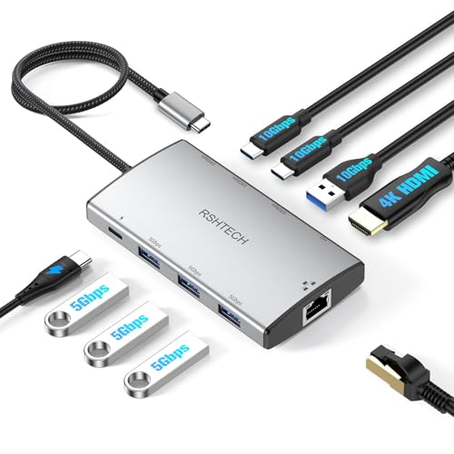RSHTECH 9 in 1 USB C Hub mit 4K HDMI - Laptop Dockingstation mit 2 Type C（USB 3.2）, 4 Type A（10gbps und USB 3.0）, 100W PD, Gigabit Ethernet - Docking Station Für MacBook Pro/Dell/Hp/Lenovo/Asus von RSHTECH