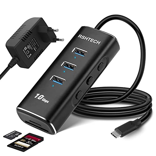 RSHTECH Aluminium 5-in-1 USB 3.2 Hub Gen2 Aktiv Mit Netzteil, SD/TF Kartenleser, 3 * 10Gbps Datenports, 10W 5V/2A Netzteil und 60cm Kabel (Typ-C zu Typ A) von RSHTECH