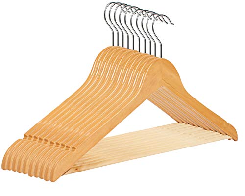 RSR Hangers 10 x Kleiderbügel Holz Natur Holzkleiderbügel mit Hosensteg 44,5 cm | 360° drehbarer Haken | Jackenbügel | Hemdenbügel | Hosenbügel | Anzugbügel von RSR Hangers