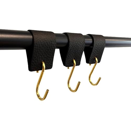 RSR Hangers Kleiderhaken mit Lederschlaufe - Goldhaken - Schwarz – 3 Stück - S Haken - Fleischerhaken - Leder – Garderobenhaken von RSR Hangers