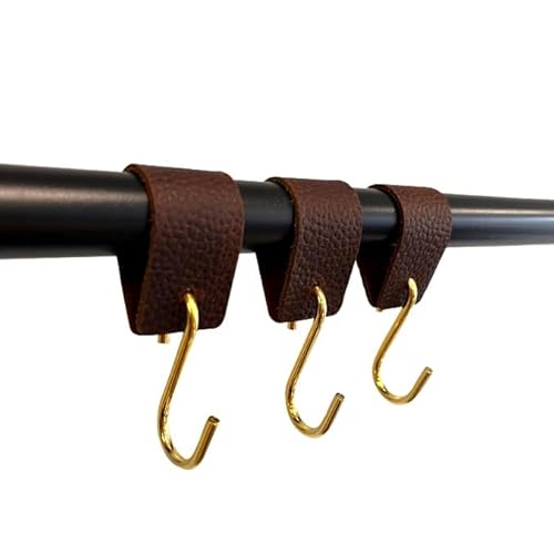 RSR Hangers Kleiderhaken mit Lederschlaufe - Goldhaken - Braun – 6 Stück - S Haken - Fleischerhaken - Leder – Garderobenhaken von RSR Hangers