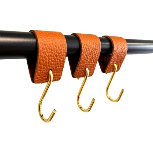 RSR Hangers Kleiderhaken mit Lederschlaufe - Goldhaken - Cognac – 6 Stück - S Haken - Fleischerhaken - Leder – Garderobenhaken von RSR Hangers