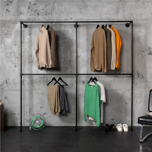 RSR Hangers Kleiderschrank Industrial Style Garderobe Kleiderstange Industrie Schwarz für die Wand | 210 cm x 210 cm | Wandmontage | Wandgarderobe | Loft Design | begehbarer Kleiderschrank von RSR Hangers
