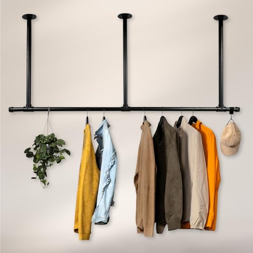 RSR Hangers Kleiderstange Garderobe Deckenmontage Industrial Design „Liam“ für Decke Garderobenstange | Breite 120 cm x Höhe 70 cm schwarz | Ankleidezimmer | Flur | Bad | begehbarer Kleiderschrank von RSR Hangers