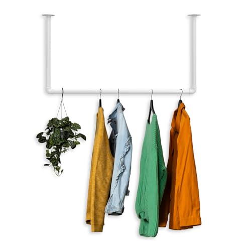 RSR Hangers Kleiderstange Garderobe Industrie Design für Decke weiß | Breite 70 cm x Höhe 50 cm | Deckengarderobe | Garderobenstange | Deckenmontage | Schlafzimmer | Flur | Kratz-, Stoß-& Schlagfest von RSR Hangers