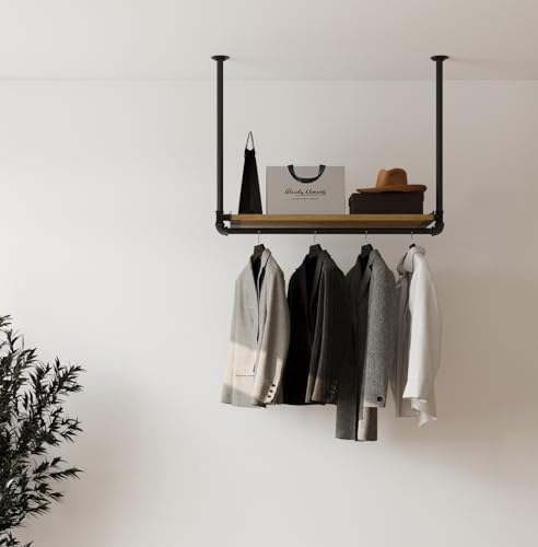 RSR Hangers Kleiderstange „MIK“ Garderobe Industrial Design für Decke Garderobenstange Eichenholzbrett | Breite 100 cm x Höhe 50 cm | Deckenmontage | Ankleidezimmer | Flur | begehbarer Kleiderschrank von RSR Hangers