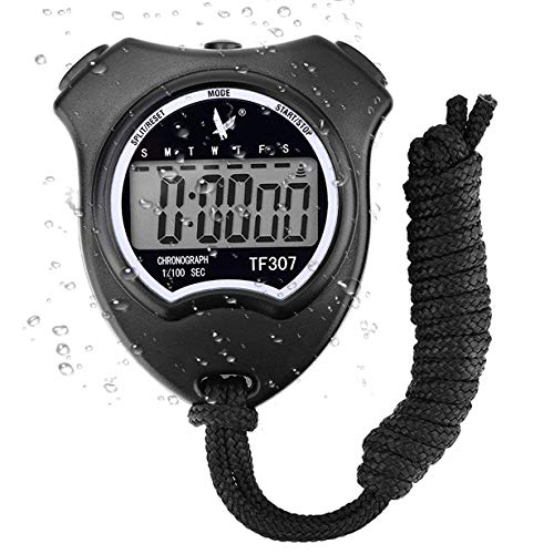 Digital Sport Stoppuhr Timer, Handheld Chronograph Digital Uhren Stoppuhr mit Wecker/Kalender für Schwimmen Laufen Fußball, Stoßfest Sport Stoppuhren für Trainer Schiedsrichter Ausrüstung Schwarz von RSVOM