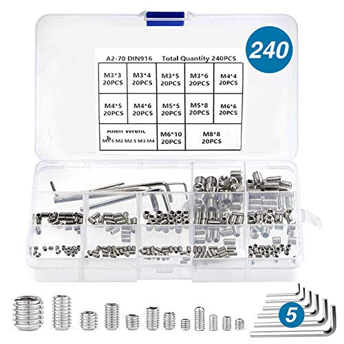 Madenschrauben Sortiment 240, M3 M4 M5 M6 M8 Edelstahl Schrauben Set Madenschraube Edelstahlschrauben Gewindestifte Inbusschrauben, Metrisch M1,5 M2 M2,5 M3 M4 Inbusschlüssel für Türklinke Türgriffe von RSVOM