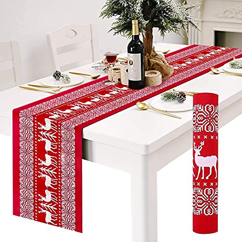 Tischläufer, rot Leinen Weihnachten Tischläufer Tischdecke mit Weiss Rentier Muster, rutschfeste lang Weihnachtstischdecke Weihnachtsläufer für Tisch Esstische Dekoration 12 x 108 Zoll von RSVOM
