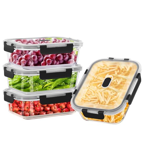 RSWDE Frischhaltedosen Glas Set für Lebensmittel 8 Stück(4 Behälter + 4 Deckel), Glasbehälter mit Deckel Mikrowellengeschirr Spülmaschinen & Gefrierschrankfreundlich - Meal Prep Boxen Glas von RSWDE