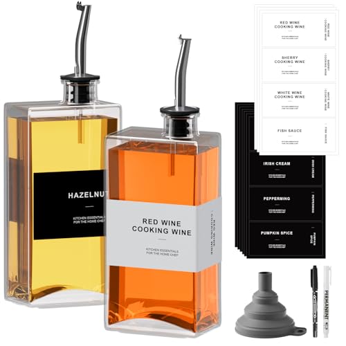 RSWDE Ölflasche Eckig Set,Essig und Ölflaschen Set,2er Olivenöl Flasche 500ml/16,9 oz, Ölspender mit Ausgießer,Kaffee Sirup Spender Glas Set mit Aufkleber von RSWDE
