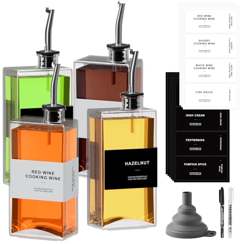 RSWDE Ölflasche Eckig Set,Essig und Ölflaschen Set,4er Olivenöl Flasche 500ml/16,9 oz, Ölspender mit Ausgießer,Kaffee Sirup Spender Glas Set mit Aufkleber von RSWDE