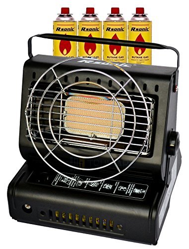RSonic Gasheizung Keramik Gasstrahler 1,3 kW Campingheizung mit Grill + Kocher | Gaskocher (Heizung mit 4 Kartuschen) von Rsonic