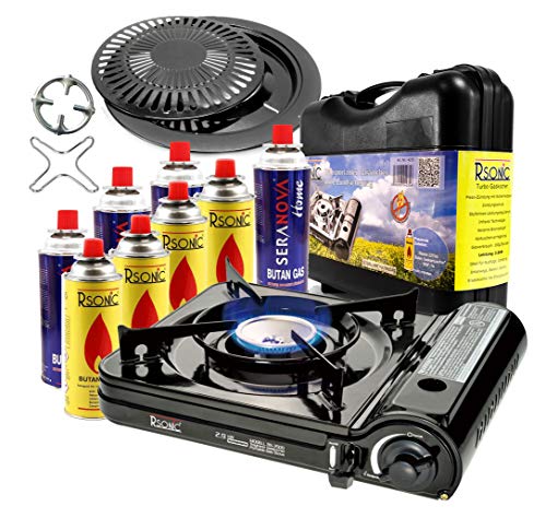 RSonic Portable Turbo Campingkocher 2,9 KW Slim Gaskocher mit 8 Gaskartuschen + Grillplatte Grillaufsatz + Phönix PH-K01 Gasherdkreuz 12x12 cm + Flaschenöffner + Koffer (Farbe nach Verfügbarkeit) von RSonic