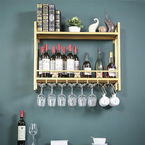 An der Wand montiertes Weinregal aus Metall, hängendes Weinflaschen- und Glasregal, 2-stufige Regale mit Stielglas-Gläserhalter, schwebende Regale, Weinpräsentationsregal für die Küche, das Wohnzimm von RTAKG