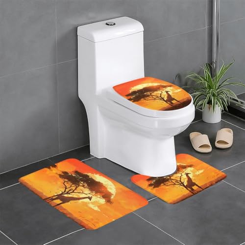 RTCVXZDSA 3-teiliges Badezimmerteppich-Set mit Giraffen-Motiv auf der afrikanischen Savanne, weiches Plüsch-Badematten-Set mit U-förmigem WC-Bodenteppich, rutschfest, wasserdicht von RTCVXZDSA