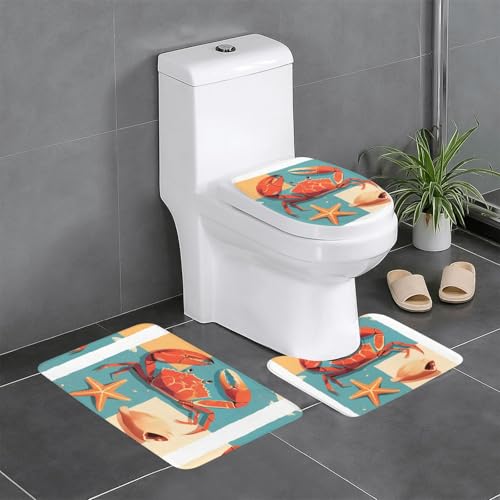RTCVXZDSA 3-teiliges Badezimmerteppich-Set mit Krabben und Seestern – weiches Plüsch-Badematten-Set mit U-förmigem WC-Bodenteppich, rutschfest, wasserdicht, Badteppich-Kombination für Zuhause von RTCVXZDSA