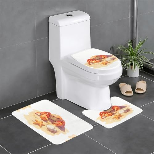 RTCVXZDSA 3-teiliges Badezimmerteppich-Set mit Krabben und Seestern – weiches Plüsch-Badematten-Set mit U-förmigem WC-Bodenteppich, rutschfest, wasserdicht, Badteppich-Kombination für Zuhause von RTCVXZDSA