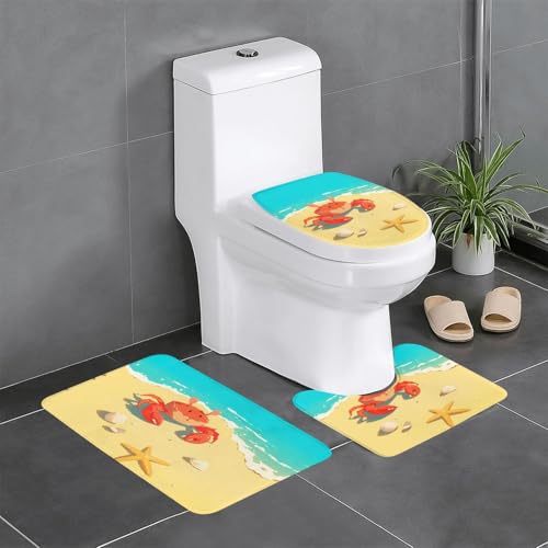 RTCVXZDSA 3-teiliges Badezimmerteppich-Set mit Krabben und Seestern – weiches Plüsch-Badematten-Set mit U-förmigem WC-Bodenteppich, rutschfest, wasserdicht, Badteppich-Kombination für Zuhause von RTCVXZDSA